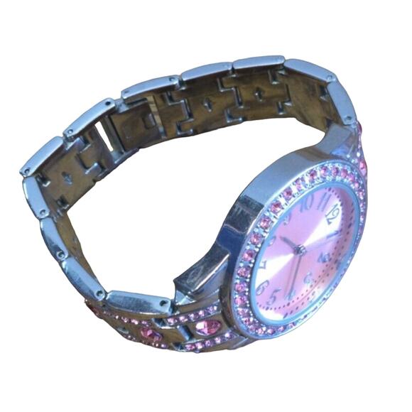 Ladies Quartz Watch Pink Crystals Japan Movement Stainless Steel Bracelet - Picture 4 of 5